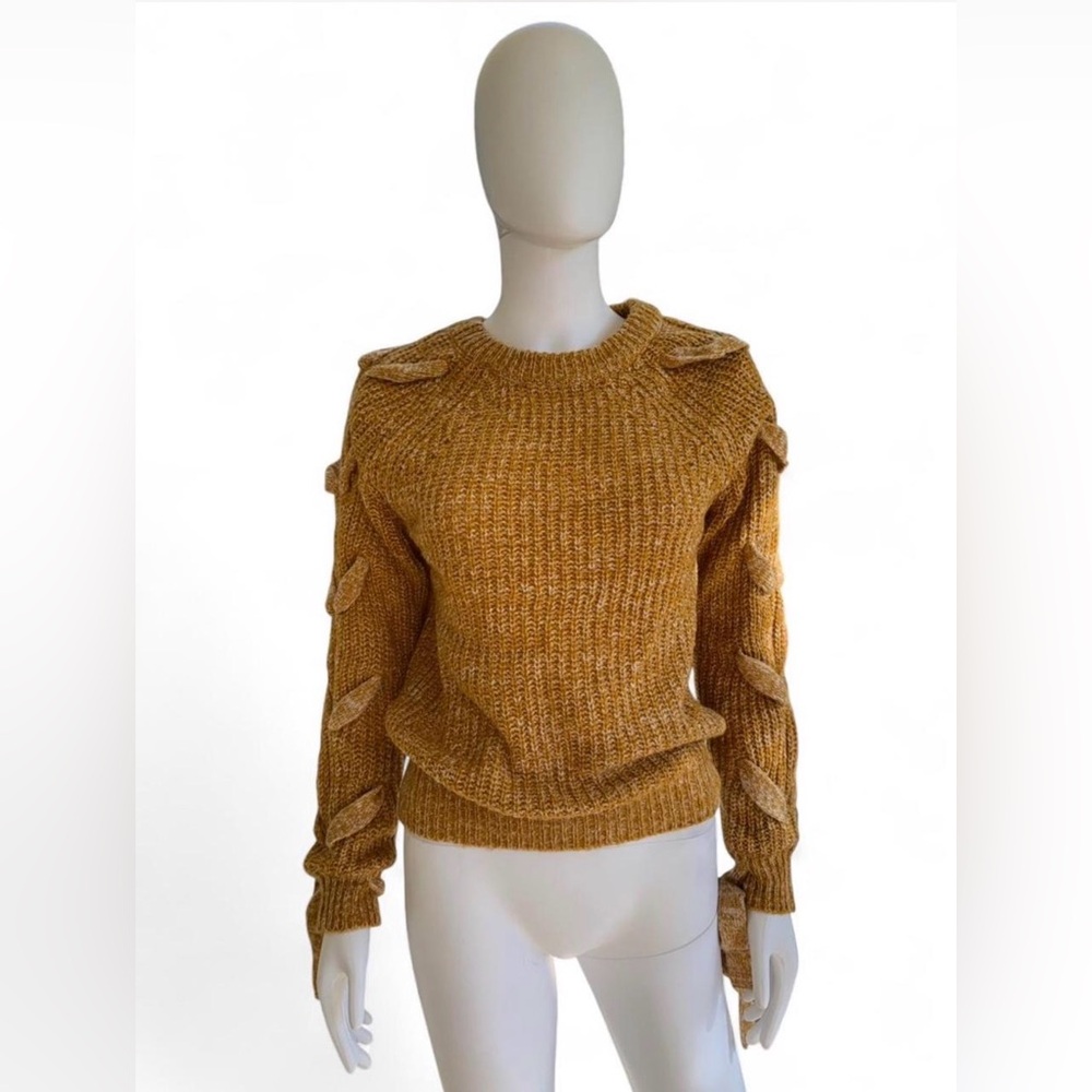 Affection Mustard Knit Sweater w/ Leaf Detail Sleeves & Tie Cuffs | Size S